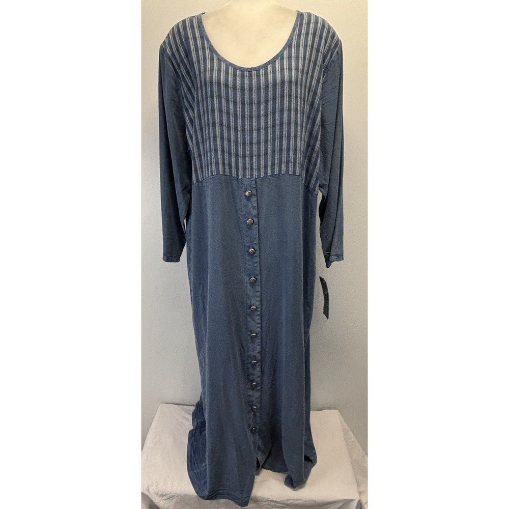 NEW!Vtg Froxx Tencel Maxi Dress Sz 1X Plus Blue Button Front Long Sleeve Modest